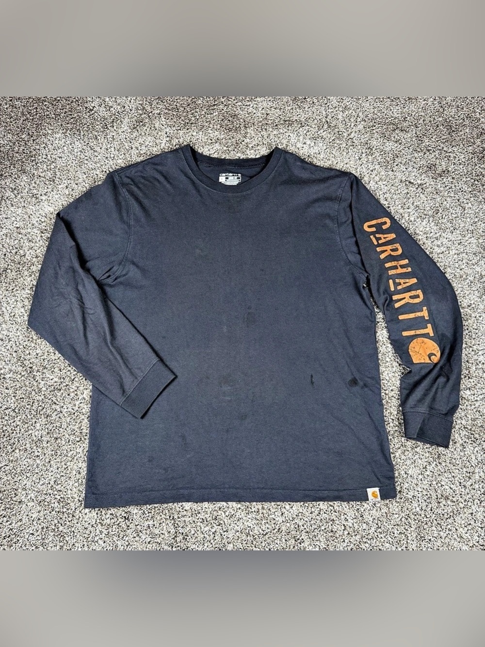 Sz Large Men’s Carhartt Loose Fit Long Sleeve Graphic Work Shirt Gray Spellout